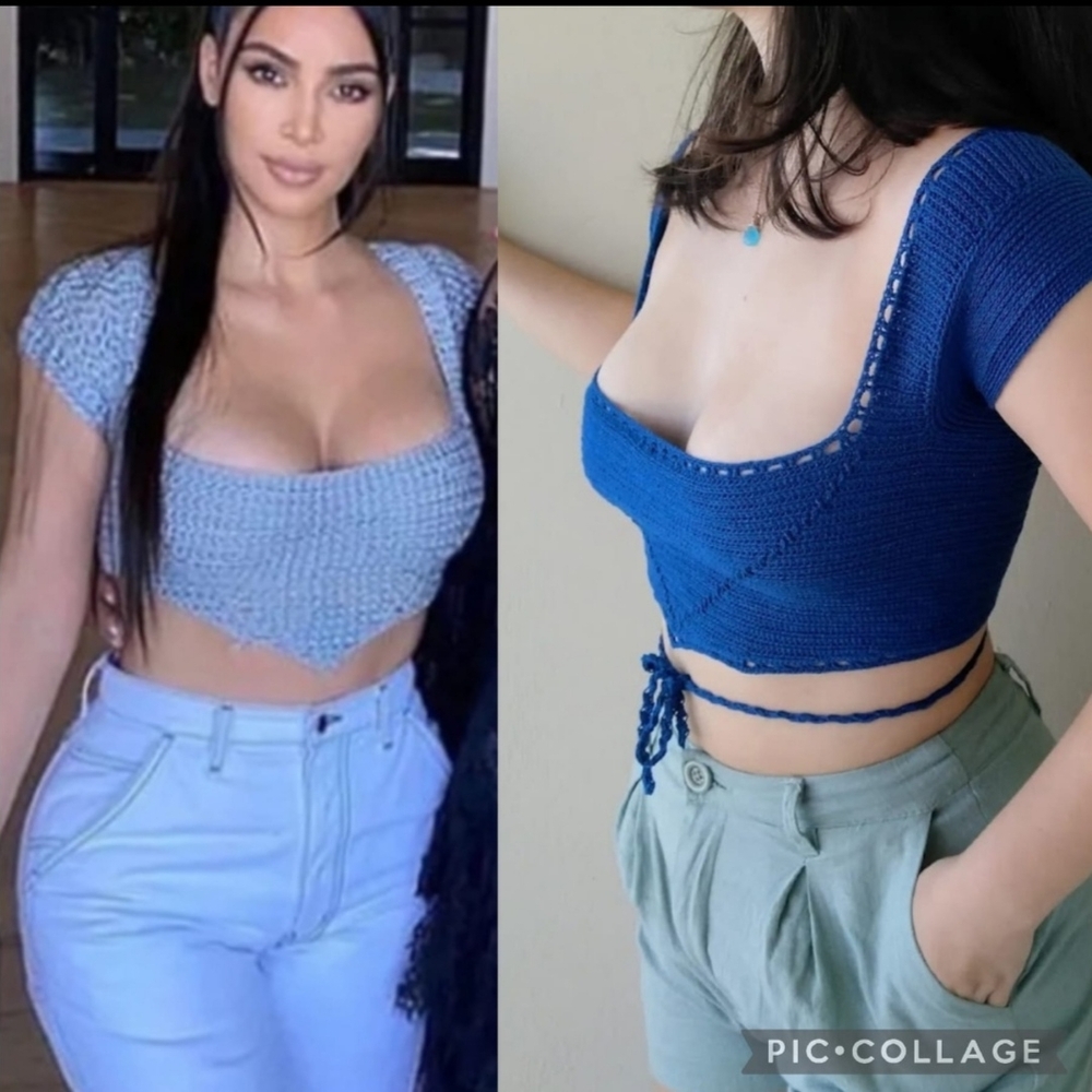 NWT Blue Crochet Crop Top Sz S Square Neck Sexy Boho Beach Corset Anthro